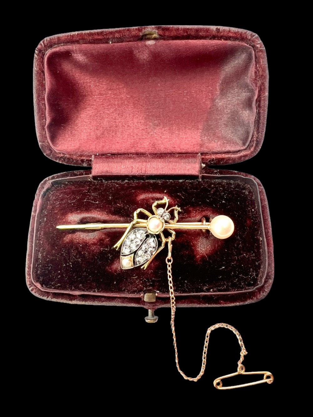 Victorian gold beetle brooch set with pave diamonds on the wing cases and pearls on the body and pin, fitted with a safety chain. View VI