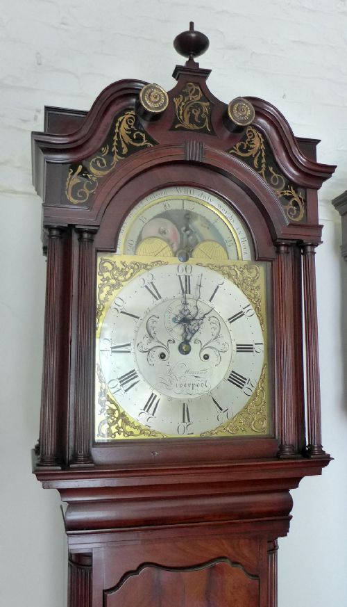 fig 1. 18th Cent Mahogany Moon Dial Long Case Grandfather Clock