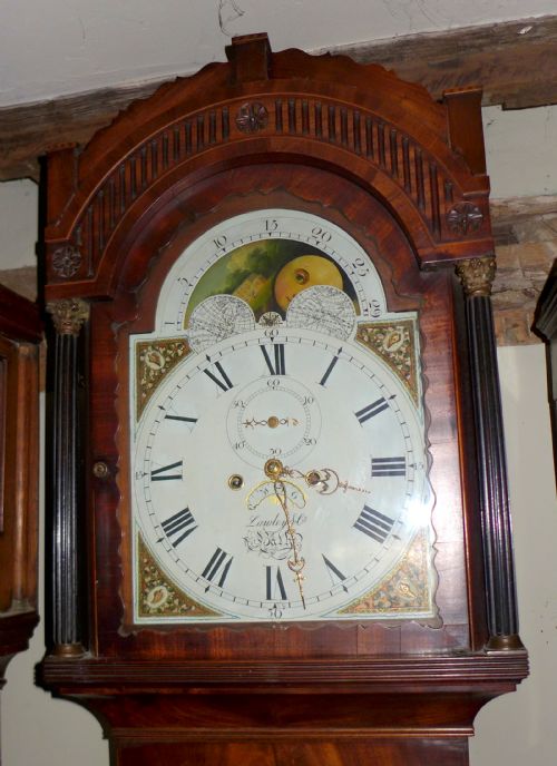 fig 1. Early 19th Cent 8 Day Mahogany Moon Dial Longcase Clock