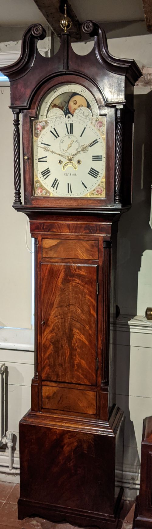 19th Cent Mahogany Moon Dial Long Case Clock