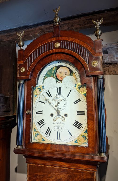 fig 1. 19th Cent Mahogany Moon Dial Long Case Longcase Grandfather Clock