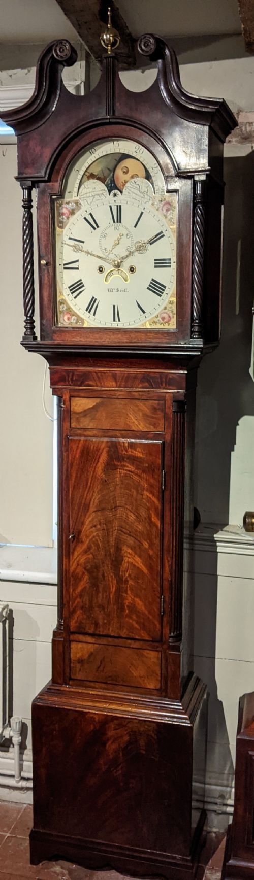19th Cent Mahogany Moon Dial Long Case  Grandfather Longcase Clock