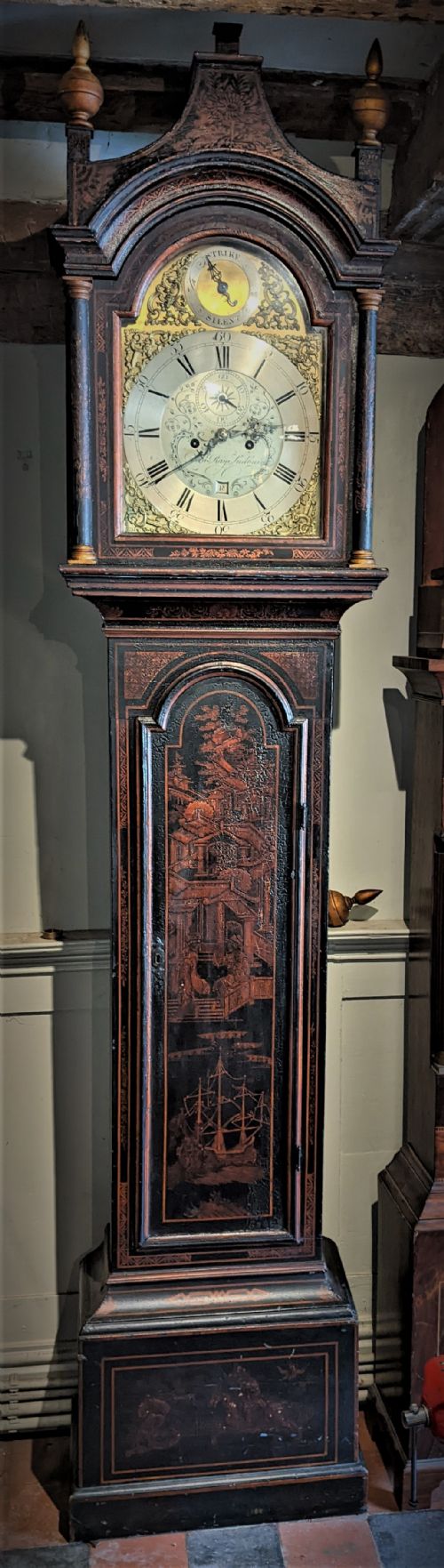 18th Cent Black Lacquer Longcase Grandfather Clock