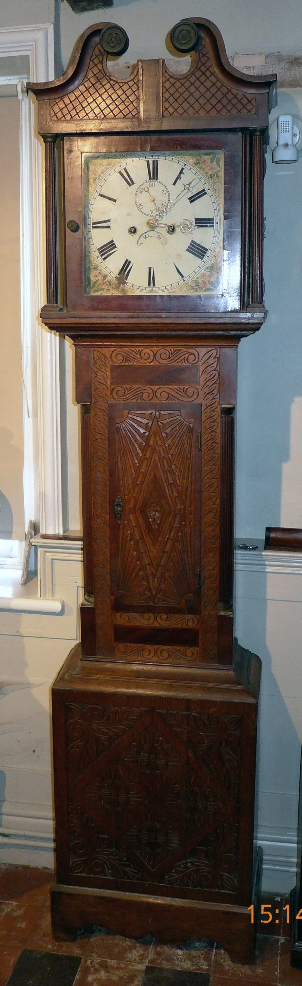 19th Cent Carved Oak 8 Day Longcase Clock