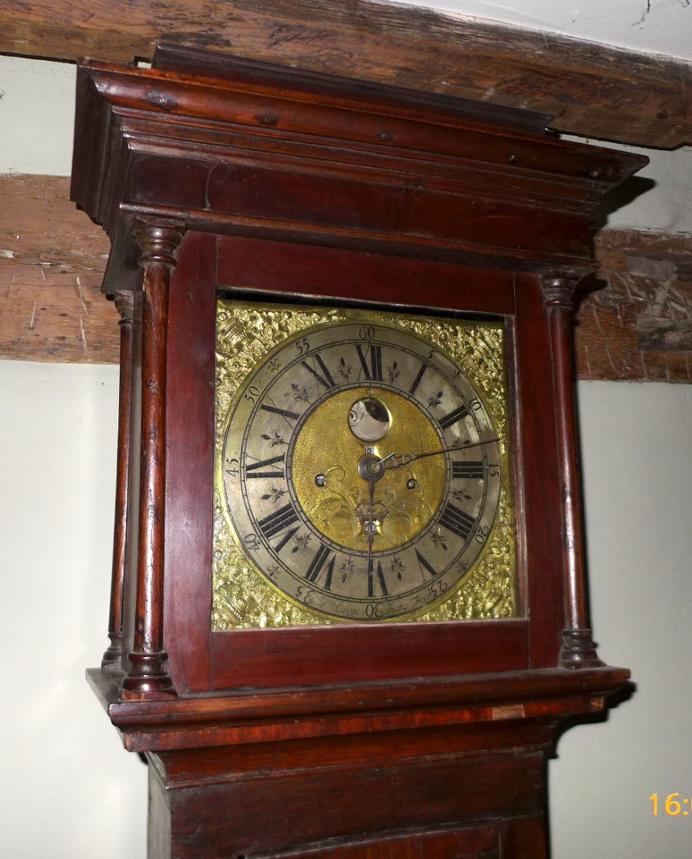 18th Cent Oak Long Case Grandfather Clock 8 day movement and a “penny moon”