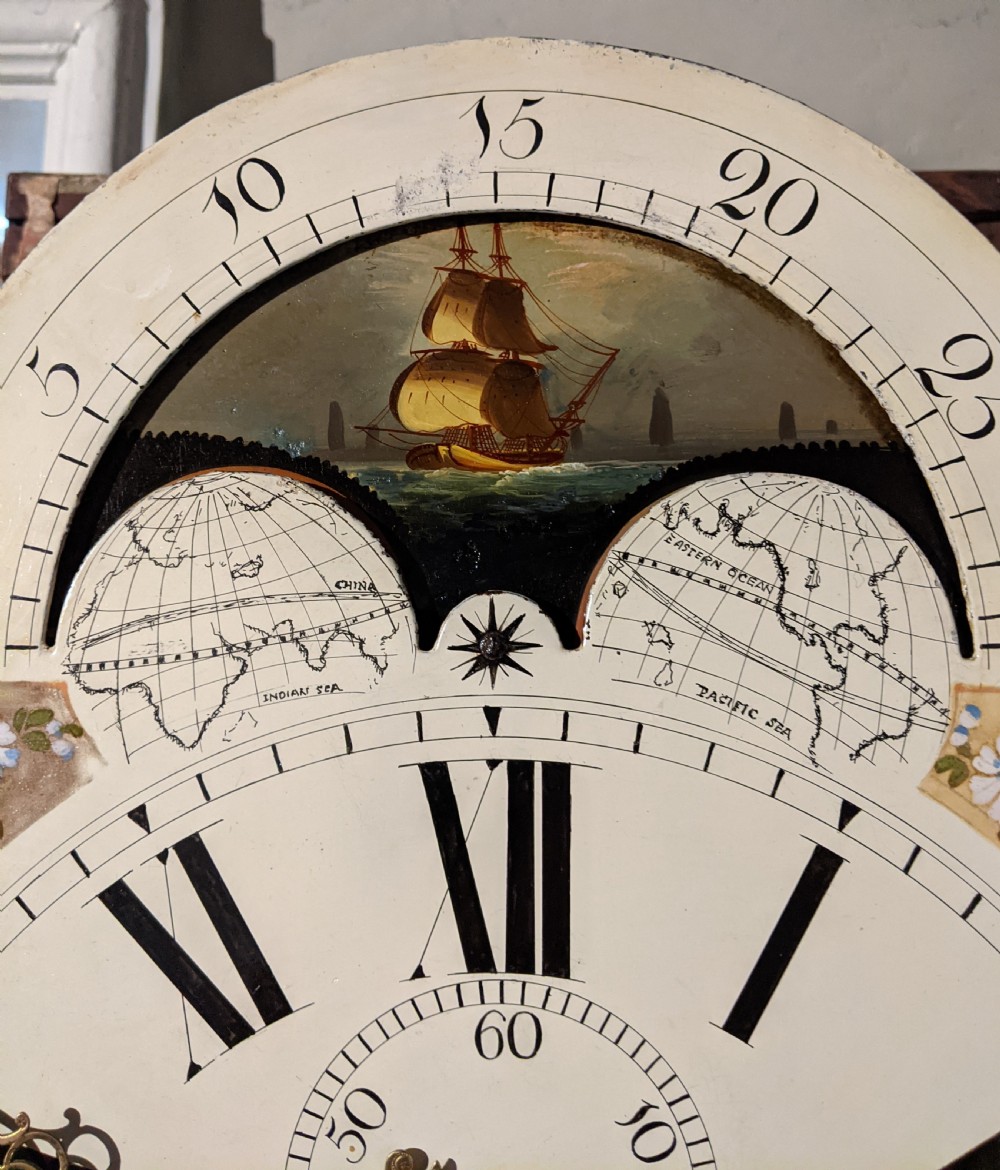 19th Cent Mahogany Moon Dial Long Case  Grandfather Longcase Clock View III