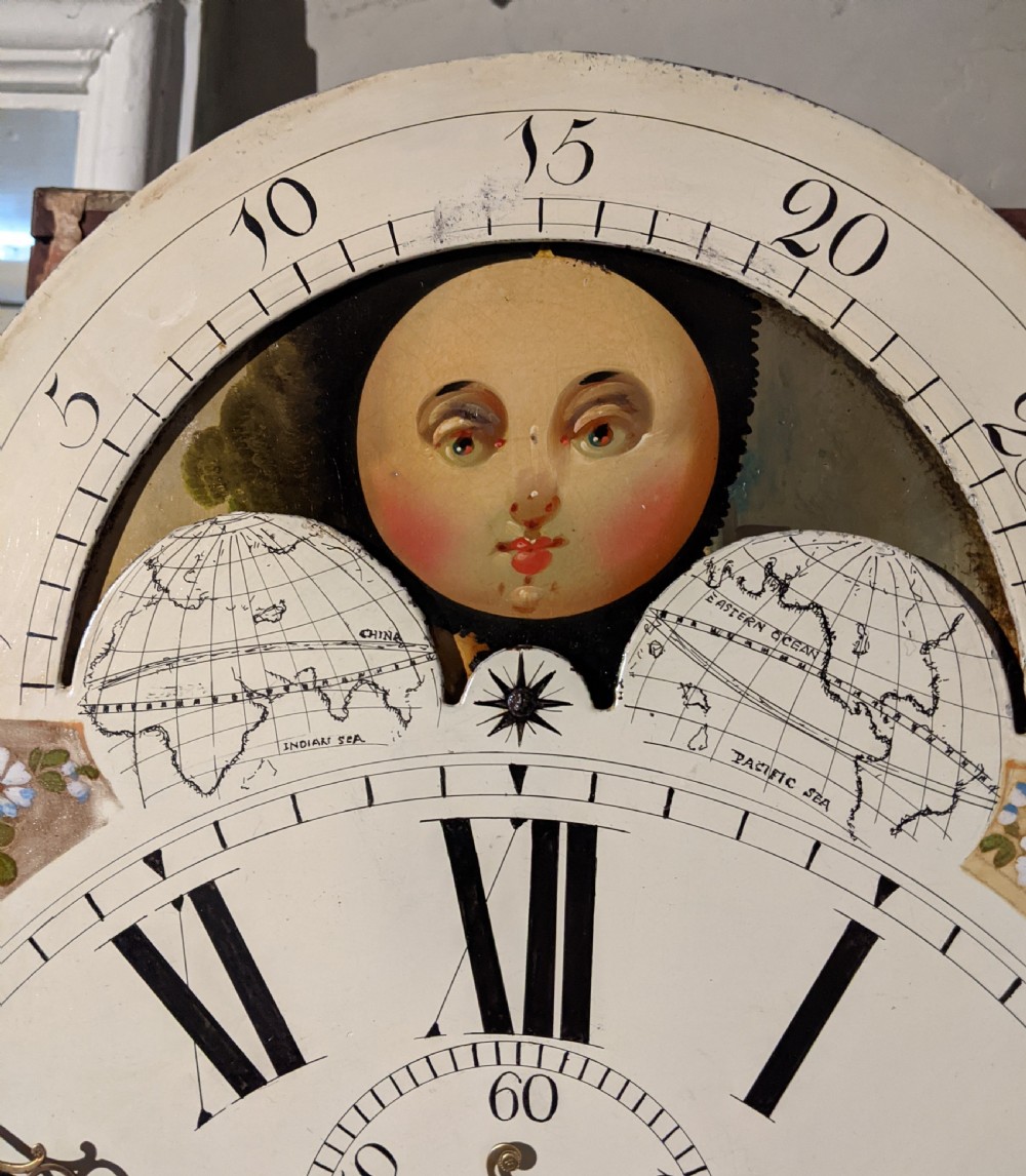 19th Cent Mahogany Moon Dial Long Case  Grandfather Longcase Clock View IV