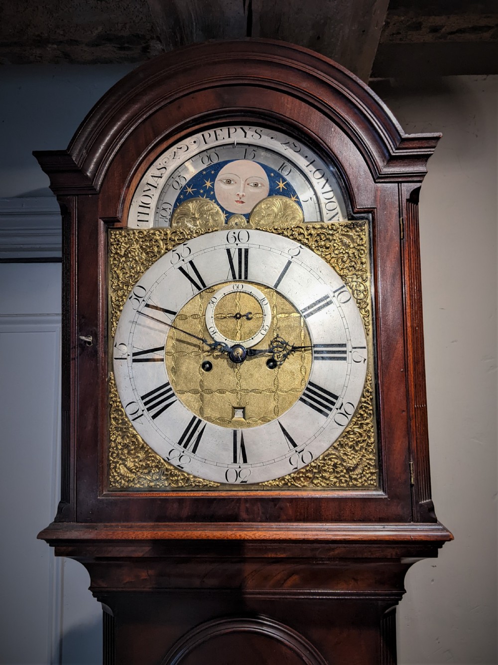 18th Cent Mahogany London Moon Dial Long Case Longcase Grandfather Clock View II