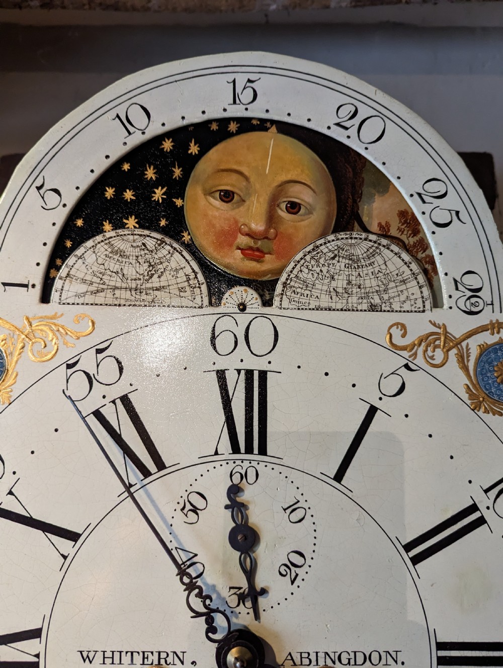 Geo III Mahogany Moon Dial Longcase Long Case Grandfather Clock View XIX