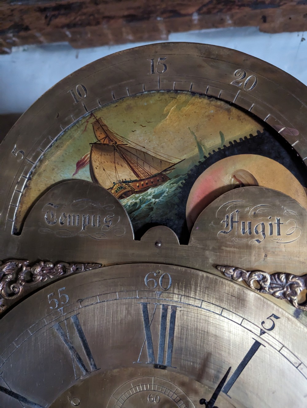 19th Cent Mahogany Moon Dial Longcase Long Case Grandfather Clock View III