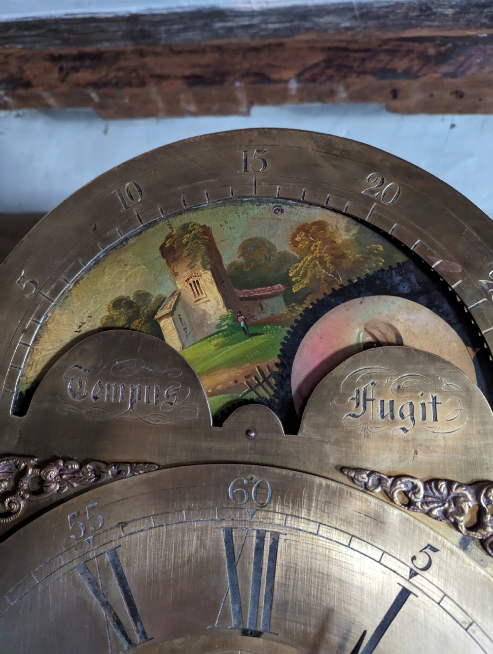 19th Cent Mahogany Moon Dial Longcase Long Case Grandfather Clock View V