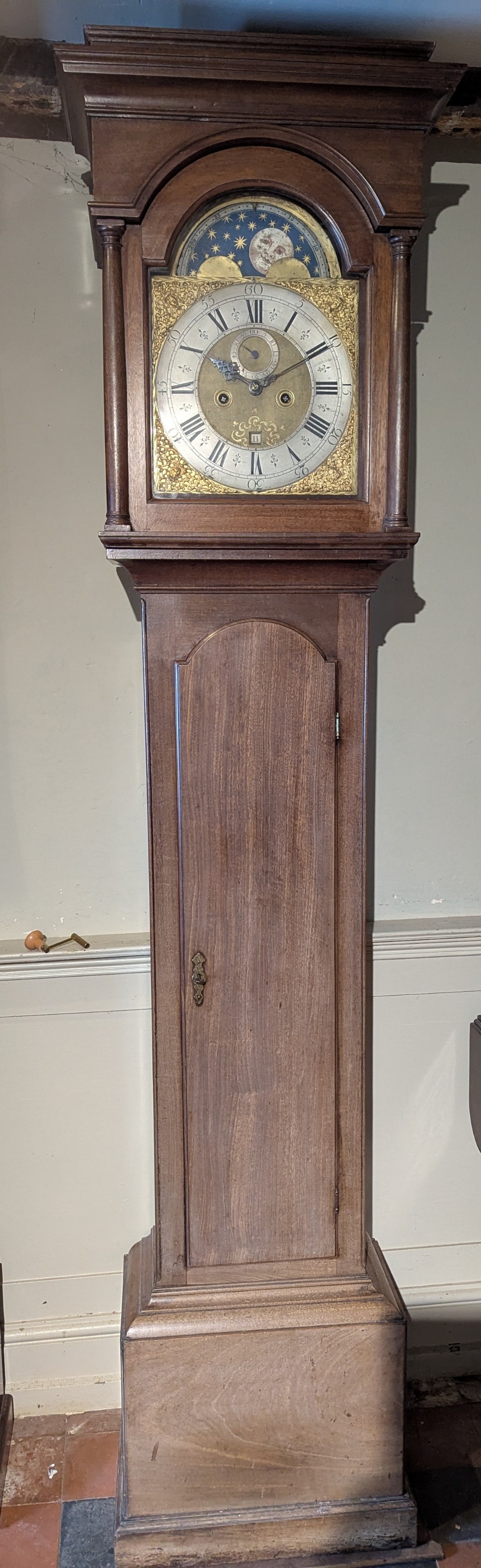 18th Cent Mahogany Moon Dial Longcase Long Case Grandfather Clock 