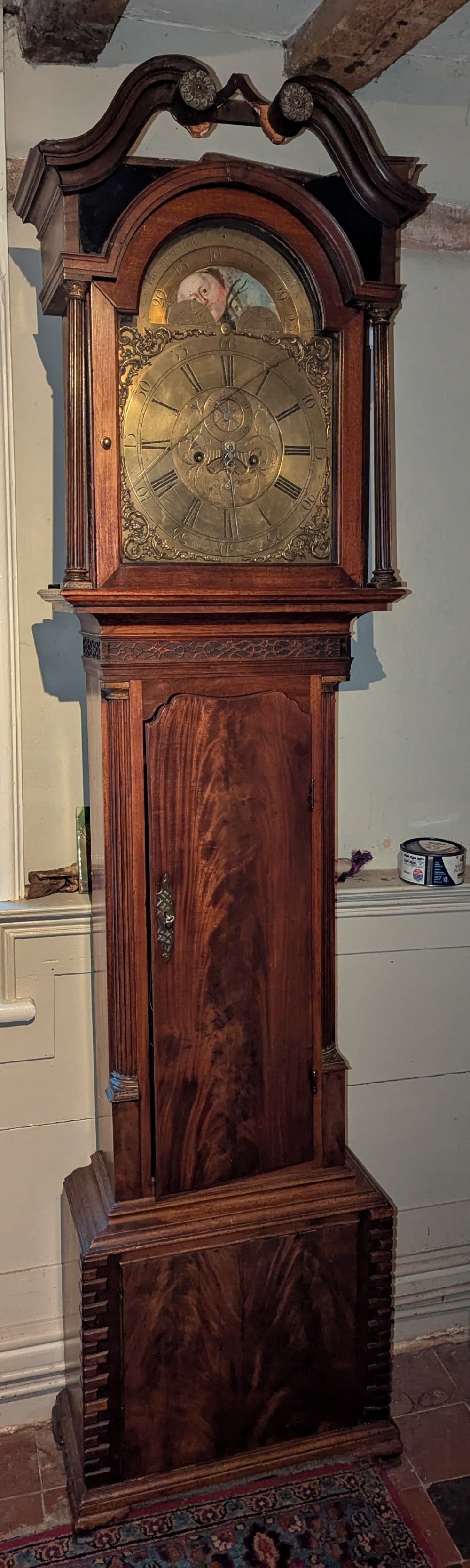 18th Cent Mahogany Moon dial Longcase Long Case Grandfather Clock