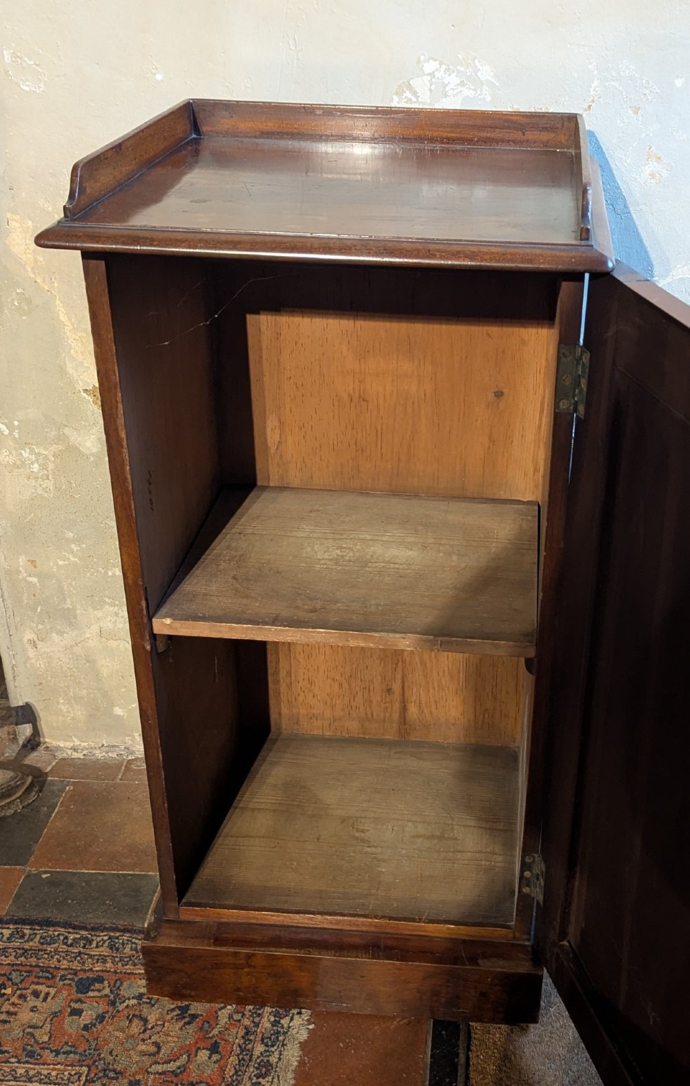 A 19th-century mahogany pot cupboard featuring a raised gallery top, single panelled door with a turned wooden knob, and a solid plinth base. View II