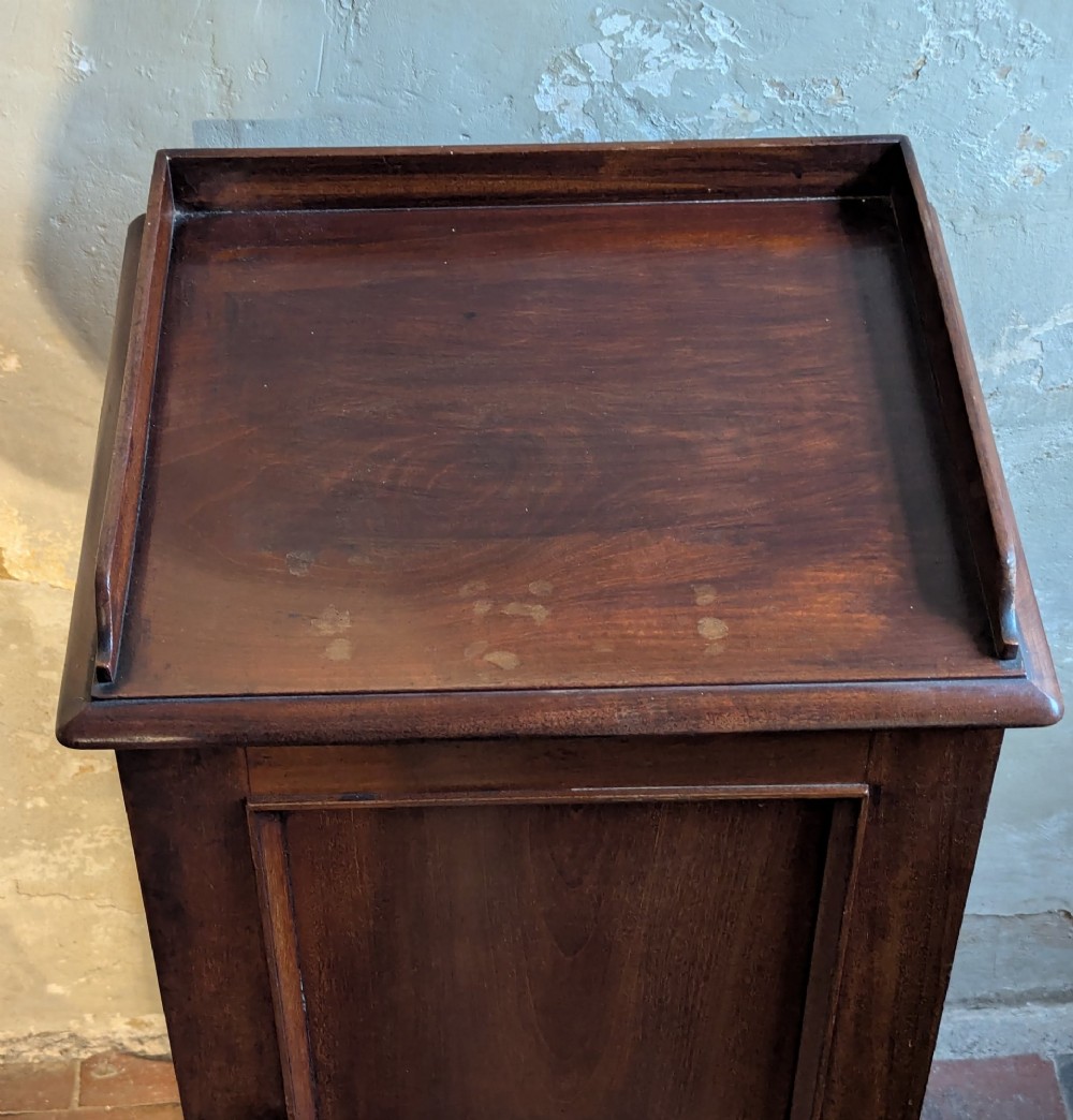 A 19th-century mahogany pot cupboard featuring a raised gallery top, single panelled door with a turned wooden knob, and a solid plinth base. View III