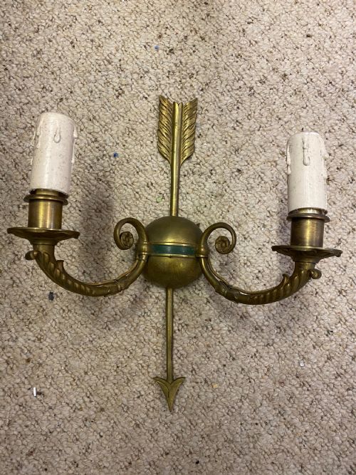 AN UNSUAL PAIR OF TWO LIGHT FRENCH SPEAR ANTIQUE WALLLIGHTS - ADDITIONAL PHOTO 1