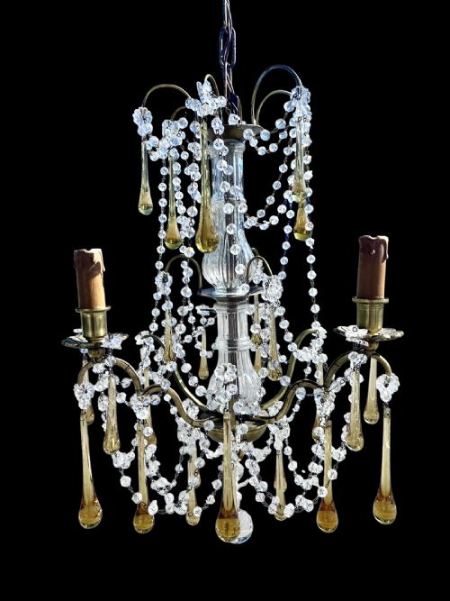 A THREE LIGHT ITALIAN ANTIQUE CHANDELIER WITH COLOURED CRYSTALS