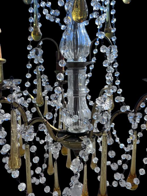 A THREE LIGHT ITALIAN ANTIQUE CHANDELIER WITH COLOURED CRYSTALS - ADDITIONAL PHOTO 1