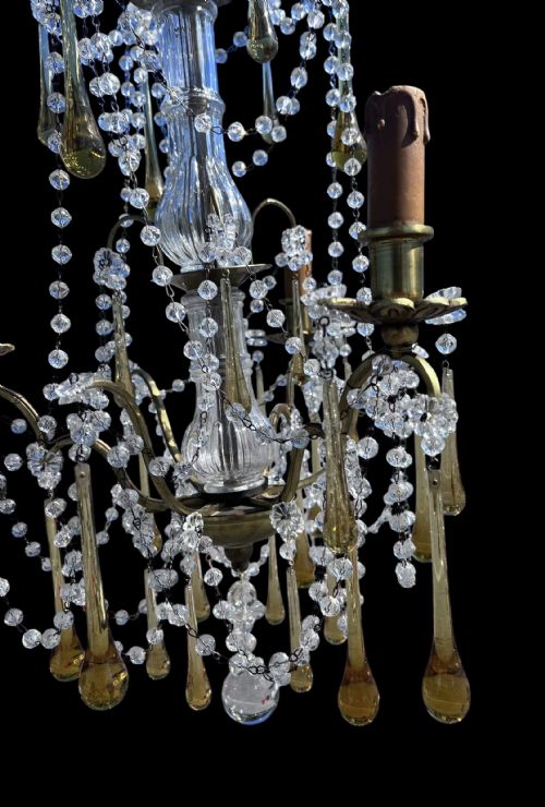 A THREE LIGHT ITALIAN ANTIQUE CHANDELIER WITH COLOURED CRYSTALS - ADDITIONAL PHOTO 2