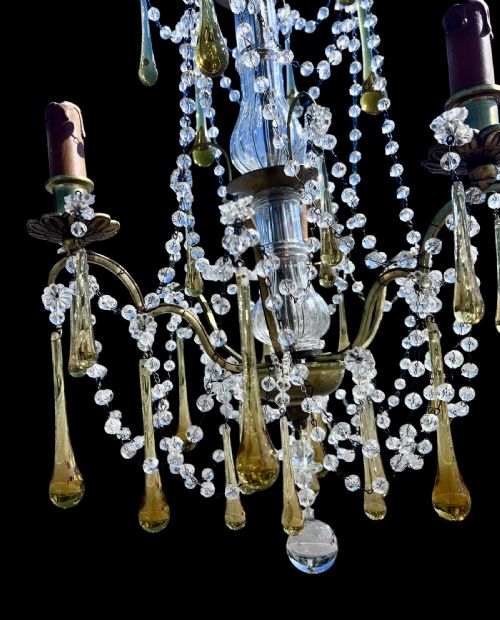 A THREE LIGHT ITALIAN ANTIQUE CHANDELIER WITH COLOURED CRYSTALS - ADDITIONAL PHOTO 3