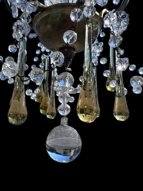A THREE LIGHT ITALIAN ANTIQUE CHANDELIER WITH COLOURED CRYSTALS - ADDITIONAL PHOTO 6