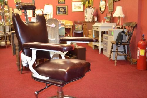 Antique Barbers or Dentist Chair,c1920.swivels,reclines in Red Leather, Chrome and Painted Metal