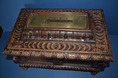 19th Century Post Box. Country House/boarding School Post Box in Oak and Brass. Profusely Carved in Gothic Style and Standing on Lions Paw Feet, C 1850