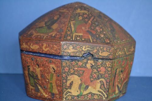 19th Century Indian Kashmir Octagonal Turban Box, Lovely Hand Painted Decoration,c1840