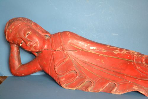 Very Large 19th Century Carved Painted and Gilt Reclining Buddha,c1880
