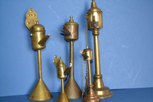 Five 19th Century Graduated Brass Whale Oil Lamps,c1870