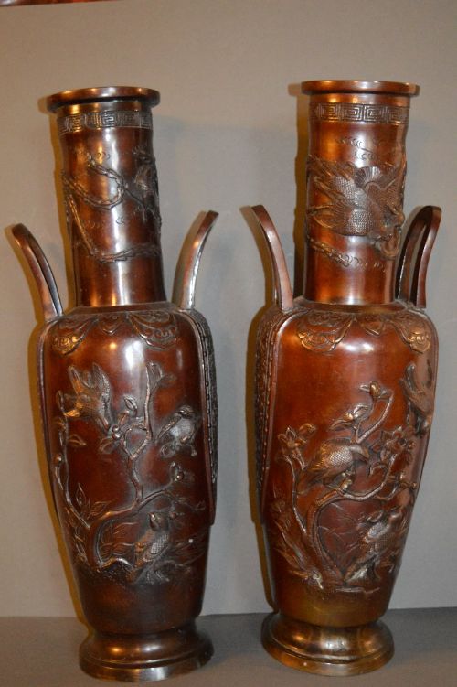 Pair Large 19th Century Chinese Bronze Twin Handled Vases, C 1870