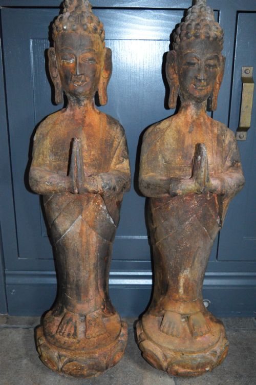 Pair  19th Century Chinese/tibetan Buddha Statues,hand Carved Wood,c1890