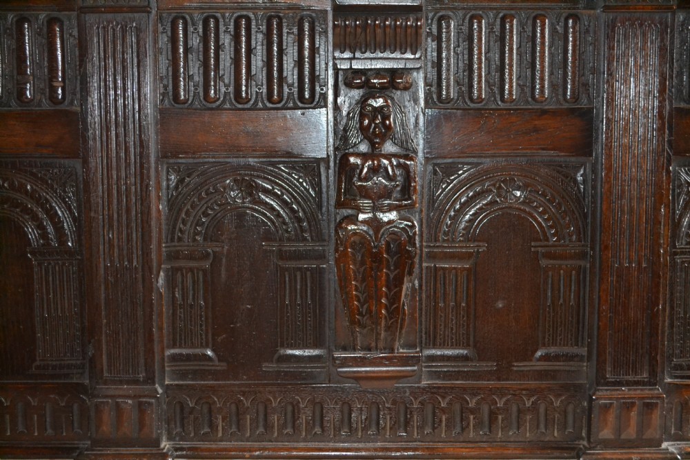 Large 17th Century and Later Carved Oak Overmantle, Stunning Hand Carved Panels with Female and Male Figures, Arches, Columns etc, c1690 