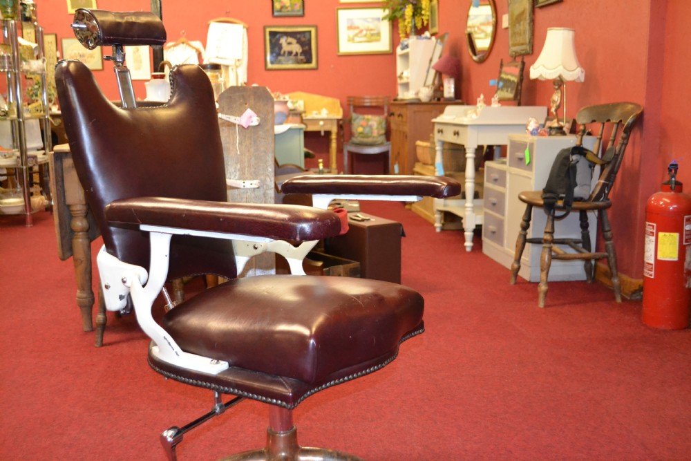 Antique Barbers or Dentist Chair,c1920.Swivels,Reclines in Red Leather, Chrome and Painted Metal