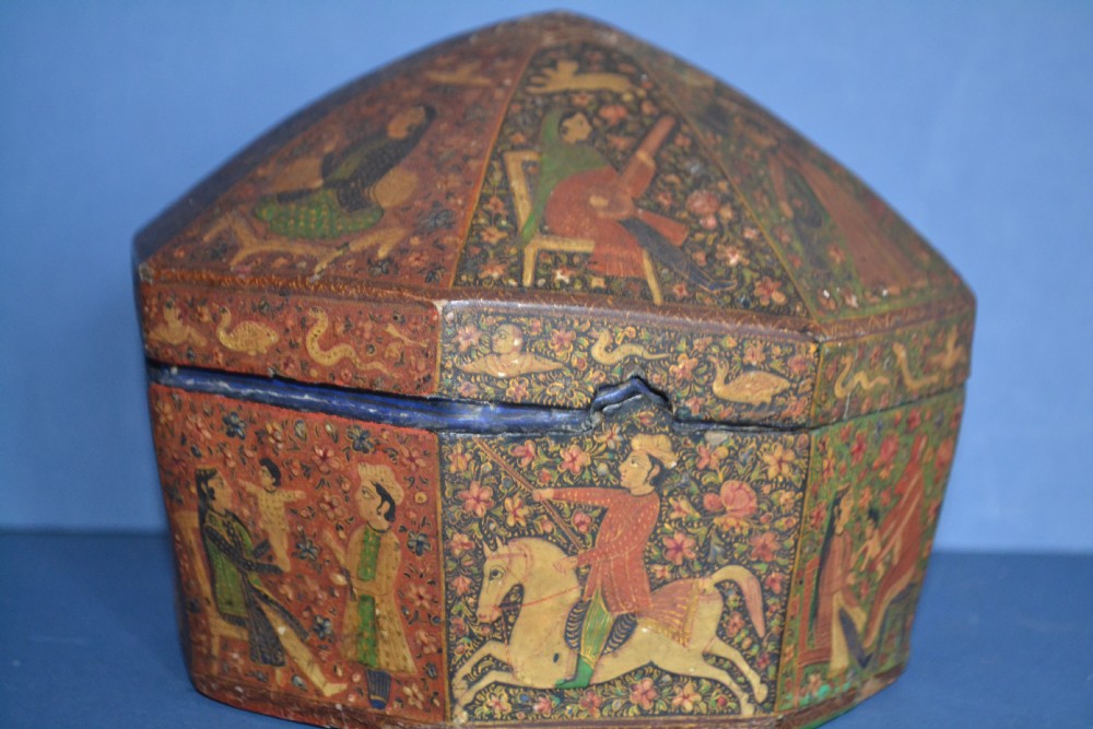 19th Century Indian Kashmir Octagonal Turban Box, Lovely Hand Painted Decoration,c1840