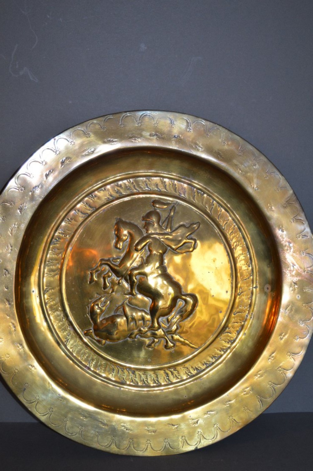 18 th Century Brass Alms Dish,c1770.Decorated With Saint George and Dragon Motif.