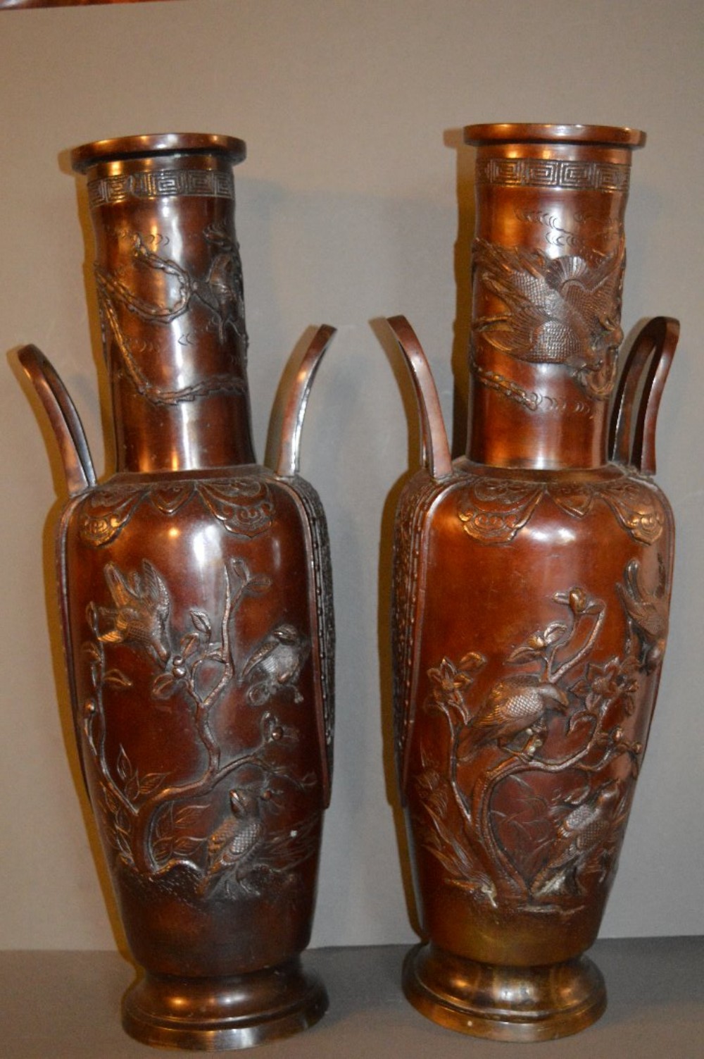Pair Large 19th Century Chinese Bronze Twin Handled Vases, c 1870