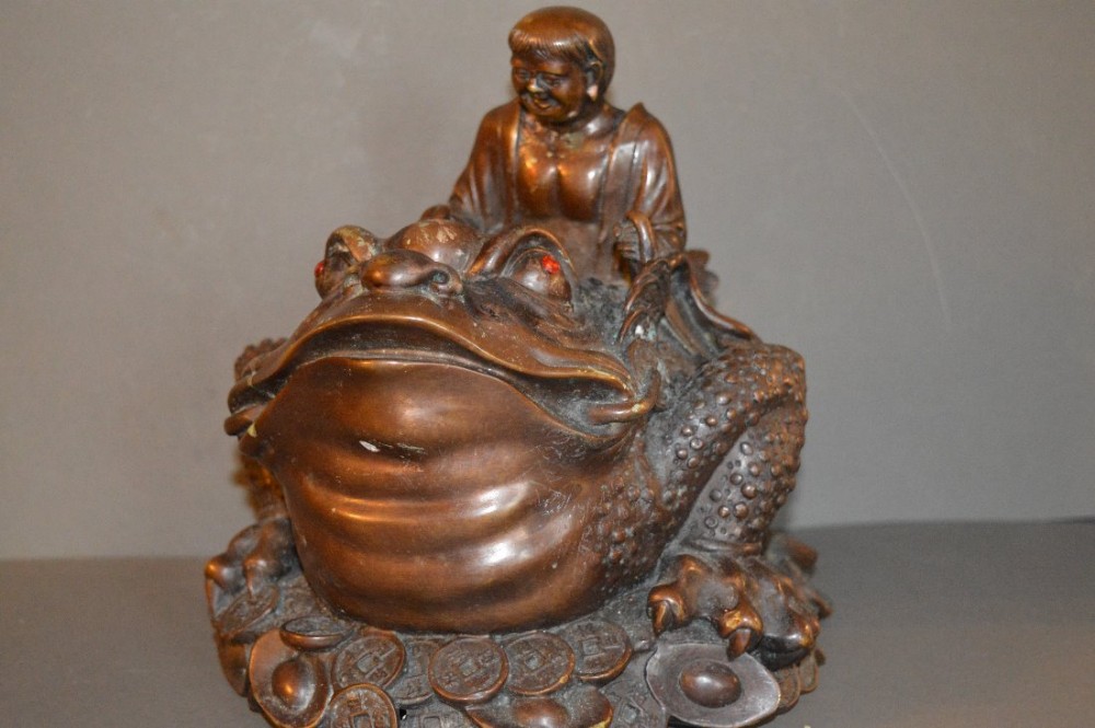 Rare Large 19th Century Chinese Bronze Statue Man Astride A Toad,c1890.
