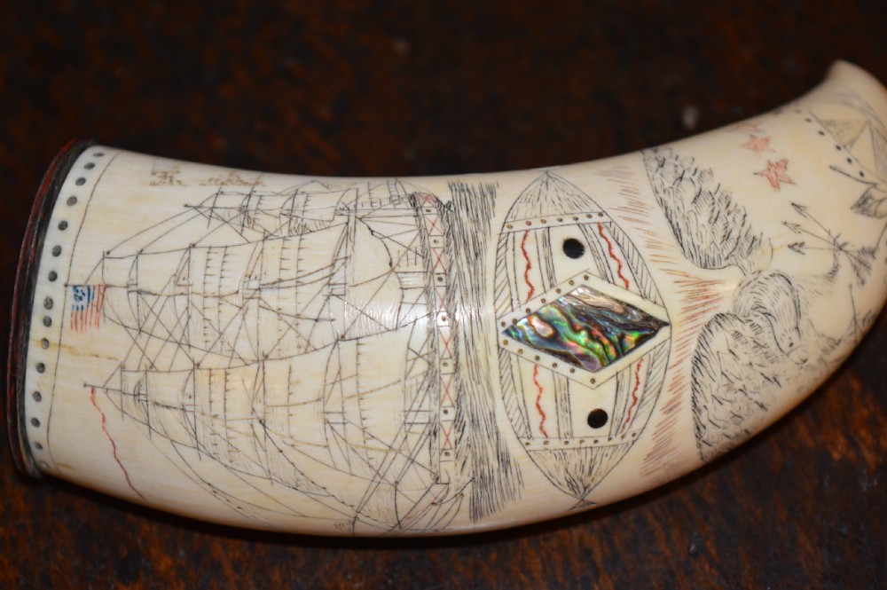 19th Century Whale Tooth Scrimshaw Snuff Mull , Abalone Inserts, USA , c1850 View II