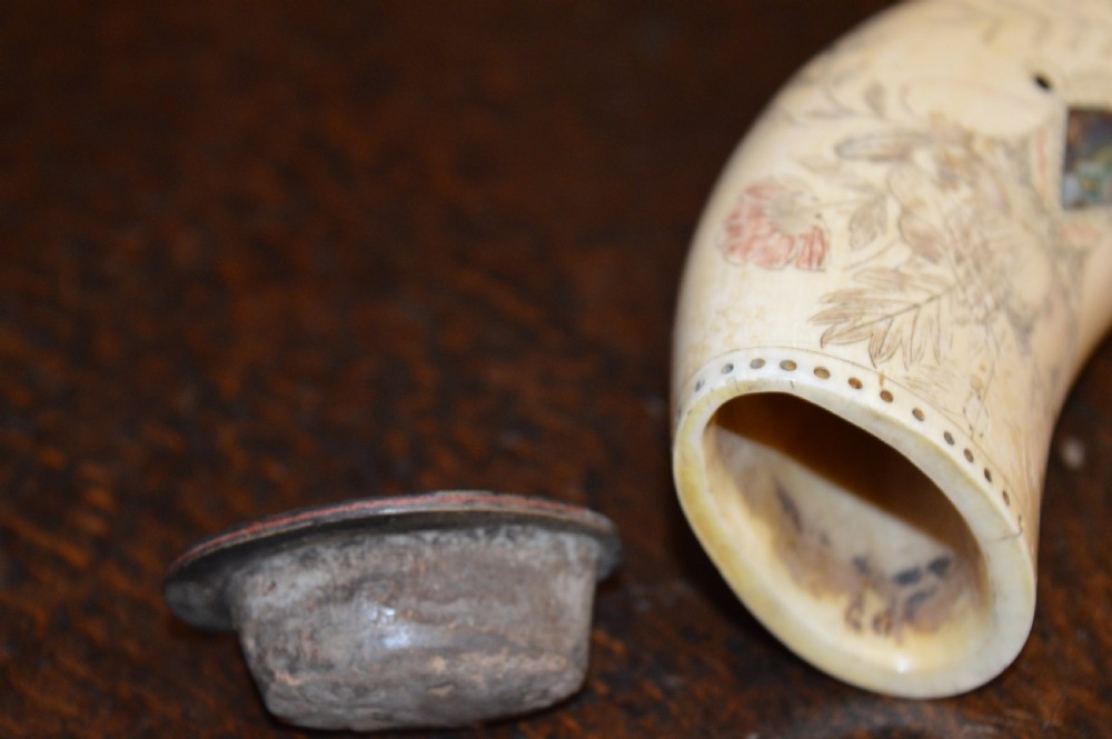 19th Century Whale Tooth Scrimshaw Snuff Mull , Abalone Inserts, USA , c1850 View IV