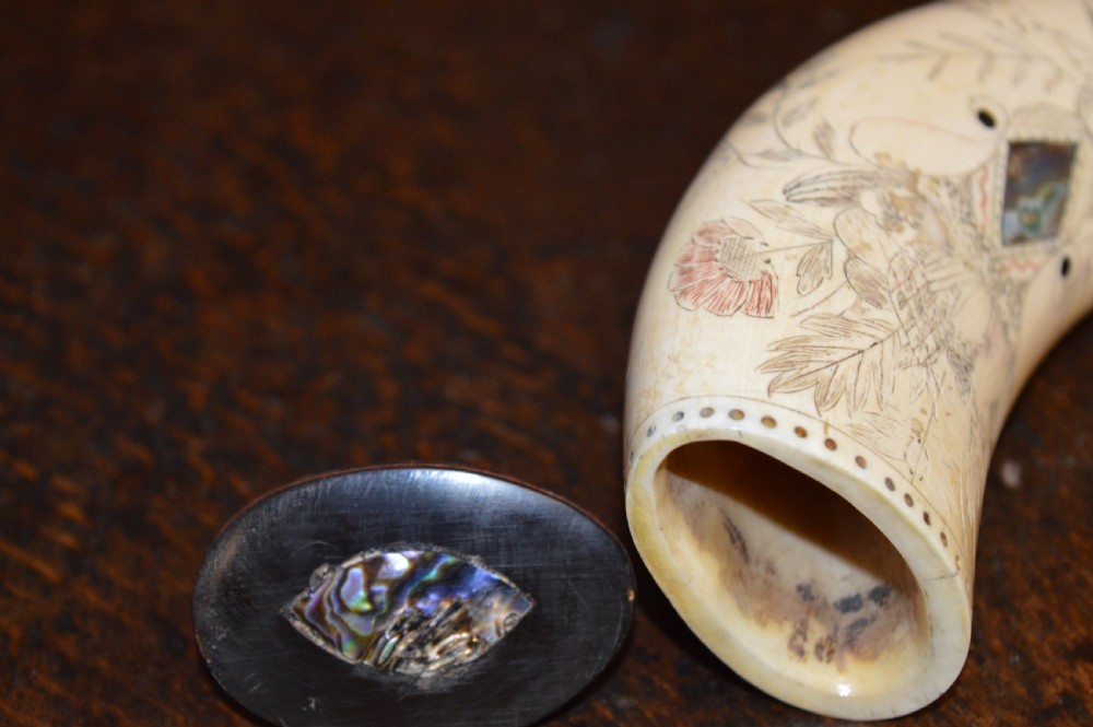 19th Century Whale Tooth Scrimshaw Snuff Mull , Abalone Inserts, USA , c1850 View V