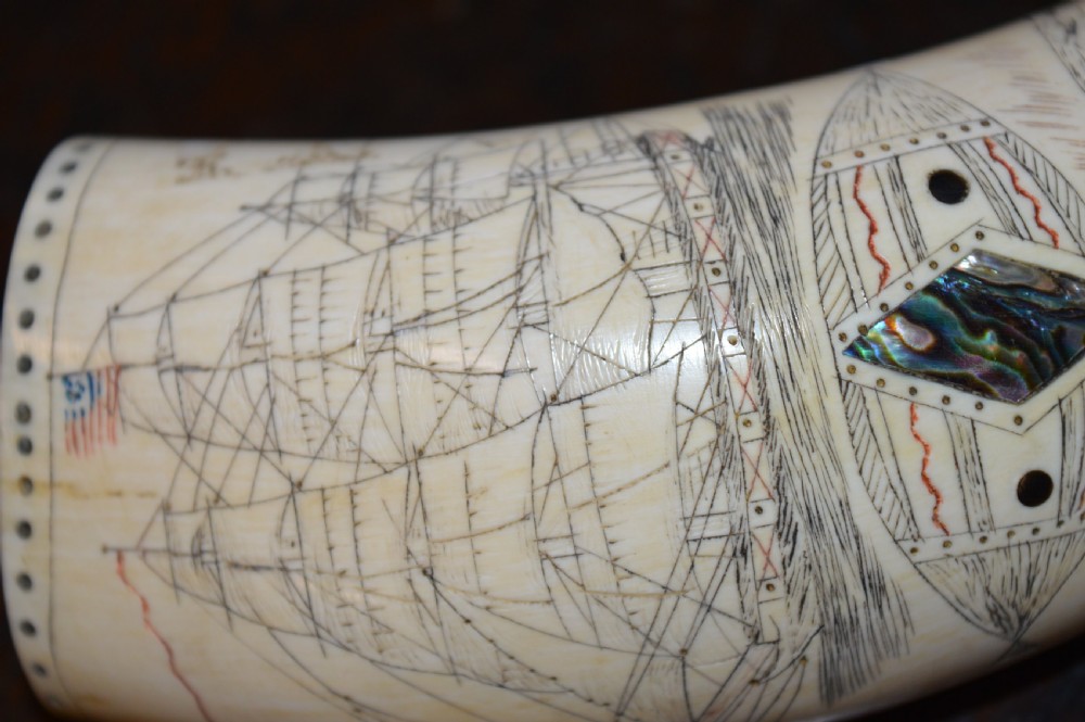 19th Century Whale Tooth Scrimshaw Snuff Mull , Abalone Inserts, USA , c1850 View IX