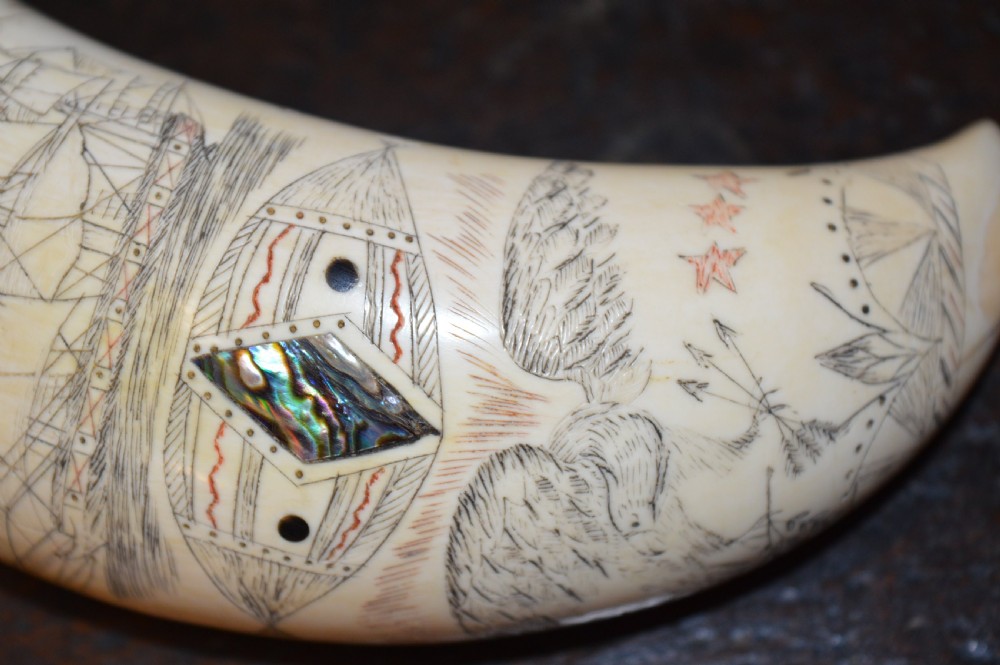 19th Century Whale Tooth Scrimshaw Snuff Mull , Abalone Inserts, USA , c1850 View X