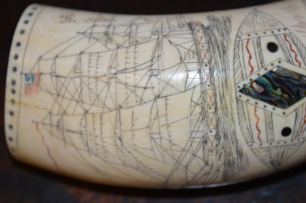 19th Century Whale Tooth Scrimshaw Snuff Mull , Abalone Inserts, USA , c1850 View XI
