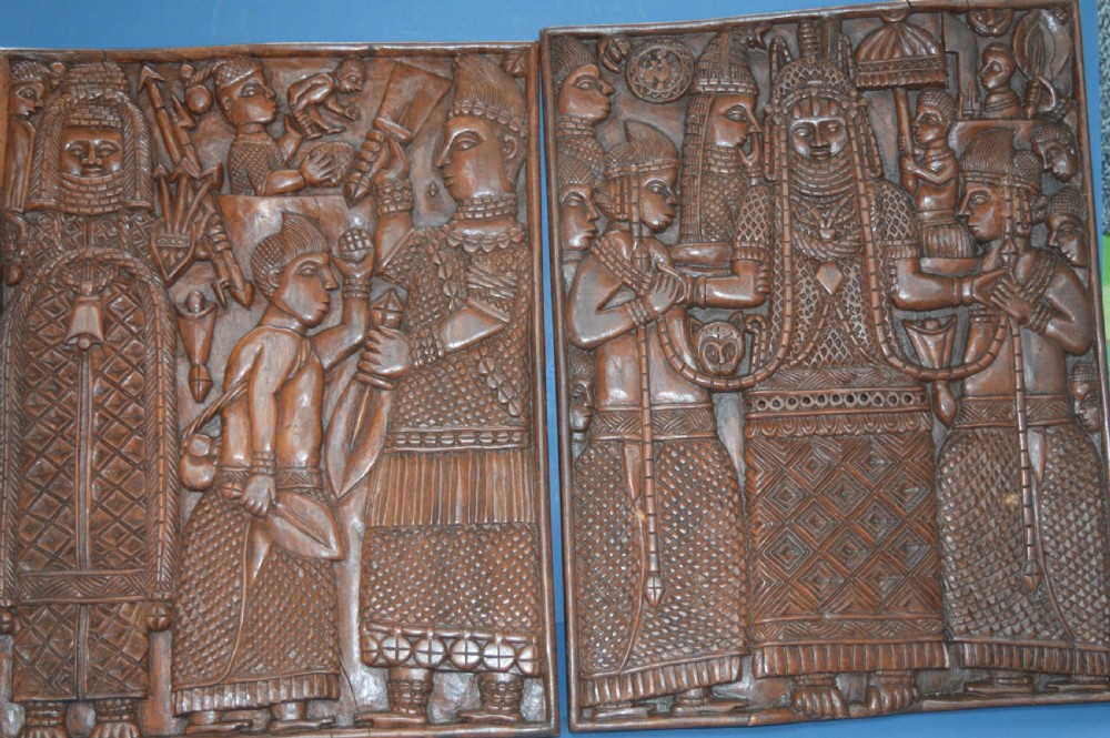 Pair Large African Benin Tribal Hand Carved Panels,c1920