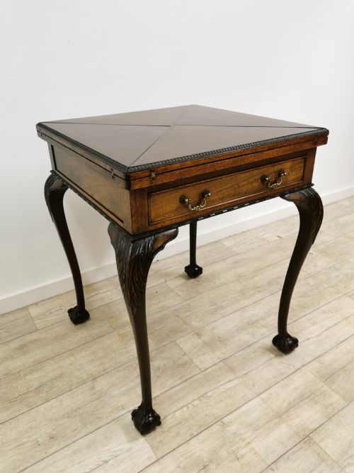 antique edwardian chippendale style solid mahogany envelope card games table - CATEGORY: ANTIQUE TABLES - DATED EDWARDIAN