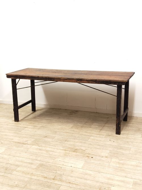 ANTIQUE EDWARDIAN DISTRESSED SOLID CHUNKY OAK PLANK TOP KITCHEN TRESTLE TABLE - ADDITIONAL PHOTO 2