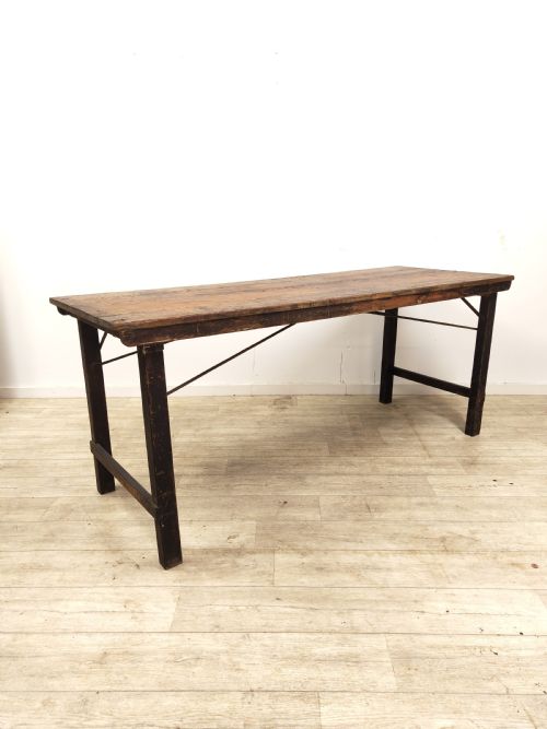 ANTIQUE EDWARDIAN DISTRESSED SOLID CHUNKY OAK PLANK TOP KITCHEN TRESTLE TABLE - ADDITIONAL PHOTO 9