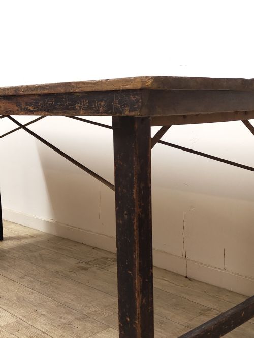 ANTIQUE EDWARDIAN DISTRESSED SOLID CHUNKY OAK PLANK TOP KITCHEN TRESTLE TABLE - ADDITIONAL PHOTO 4
