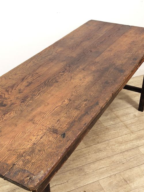ANTIQUE EDWARDIAN DISTRESSED SOLID CHUNKY OAK PLANK TOP KITCHEN TRESTLE TABLE - ADDITIONAL PHOTO 5